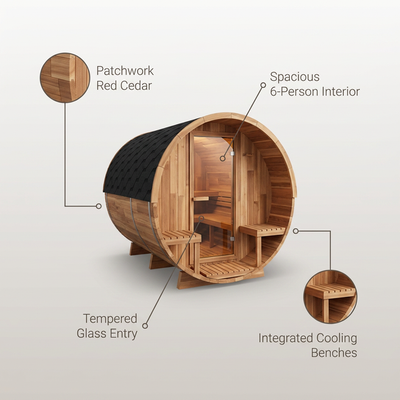 6-Person Patchworkred Cedar Traditional Steam Barrel Sauna