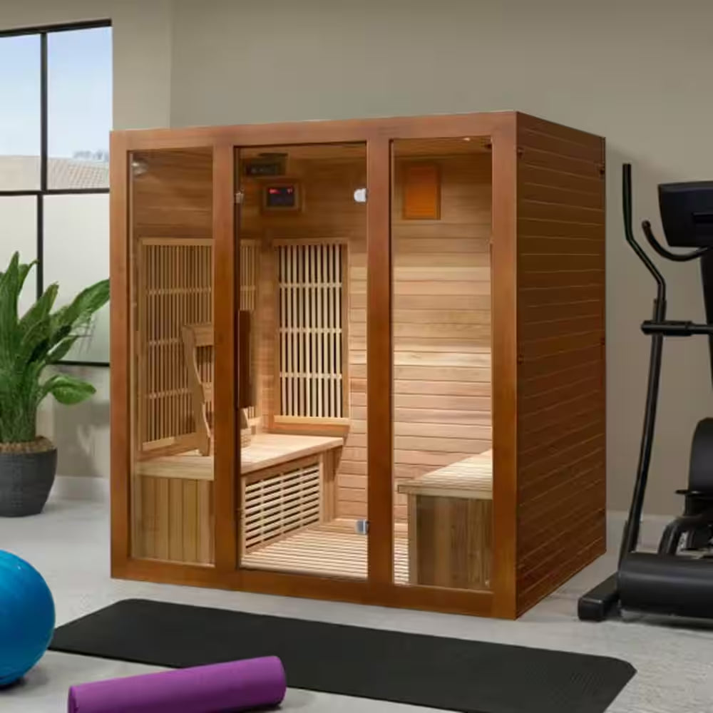 Roslyn 4-Person Indoor Infrared Sauna in Cedar with Side Bench Seating, Chromatherapy, 10-Heater Panels and Bluetooth