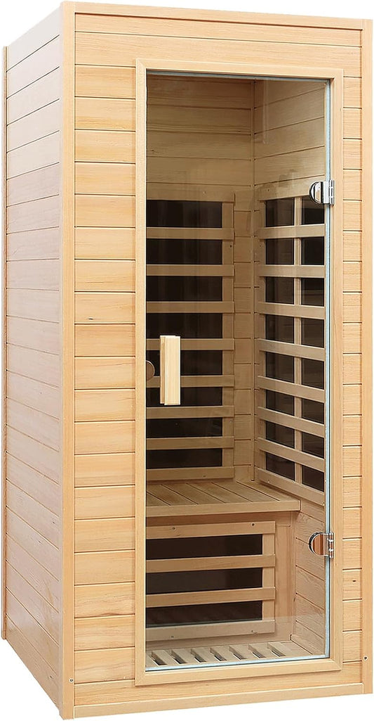 Far Infrared Sauna, 1 Person Infrared Sauna, Canadian Hemlock Wood 1290W Low-Emf Infrared Saunas for Home with Bluetooth Speakers, Reading Lamp