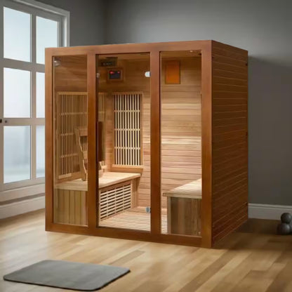 Roslyn 4-Person Indoor Infrared Sauna in Cedar with Side Bench Seating, Chromatherapy, 10-Heater Panels and Bluetooth