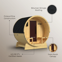 Outdoor Indoor Finland Pine Wet Dry Barrel Sauna 3-5 Person Front Porch Canopy 4.5 Kw ETL Certified Bitumen Shingle Roof — Lifestyle