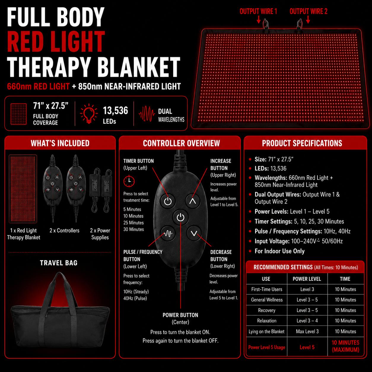 Red Light Therapy Blanket – Full Body Coverage | 660nm + 850nm Dual Wavelengths | 13,536 LEDs