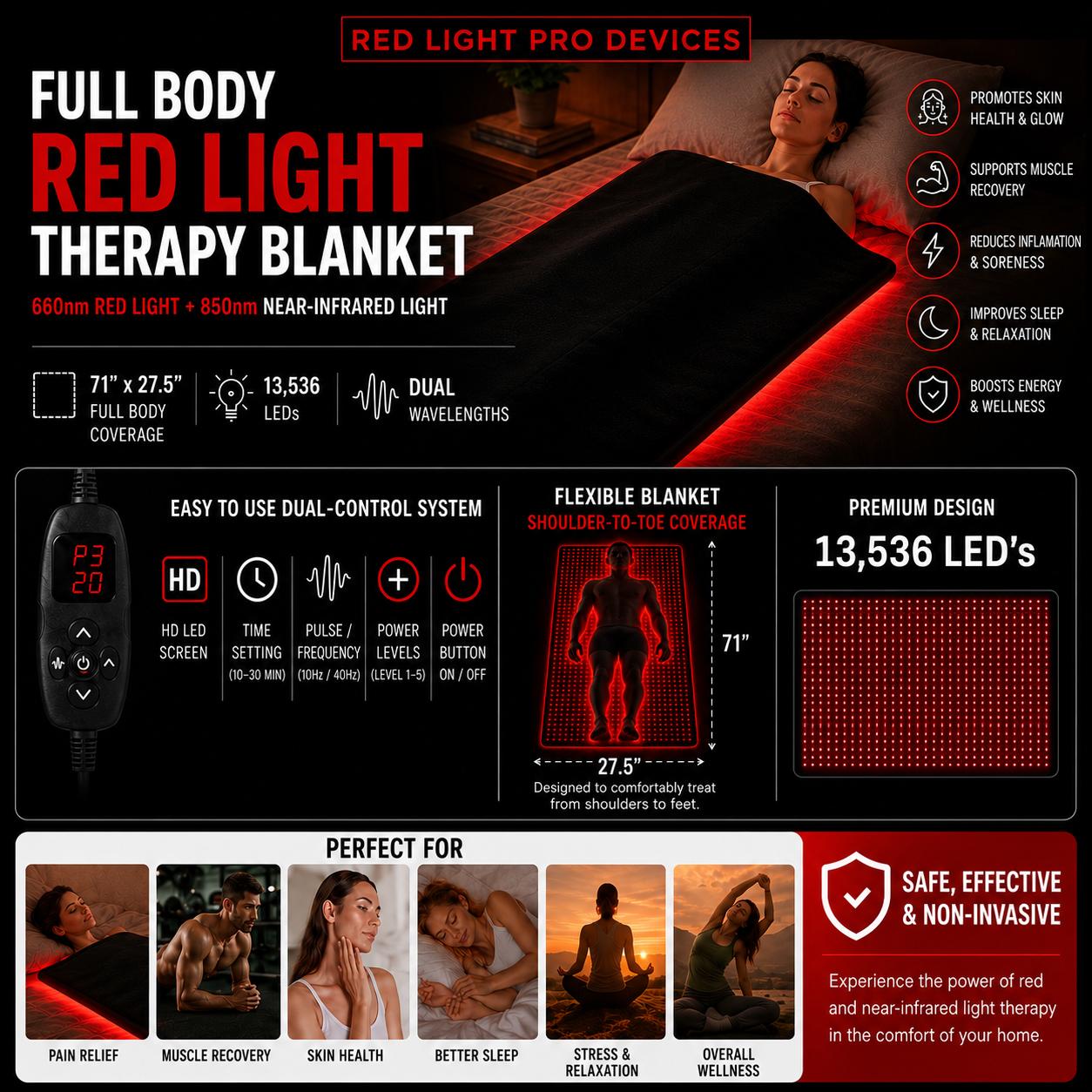 Red Light Therapy Blanket – Full Body Coverage | 660nm + 850nm Dual Wavelengths | 13,536 LEDs