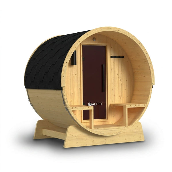 Outdoor Indoor Finland Pine Wet Dry Barrel Sauna 3-5 Person Front Porch Canopy 4.5 Kw ETL Certified Bitumen Shingle Roof